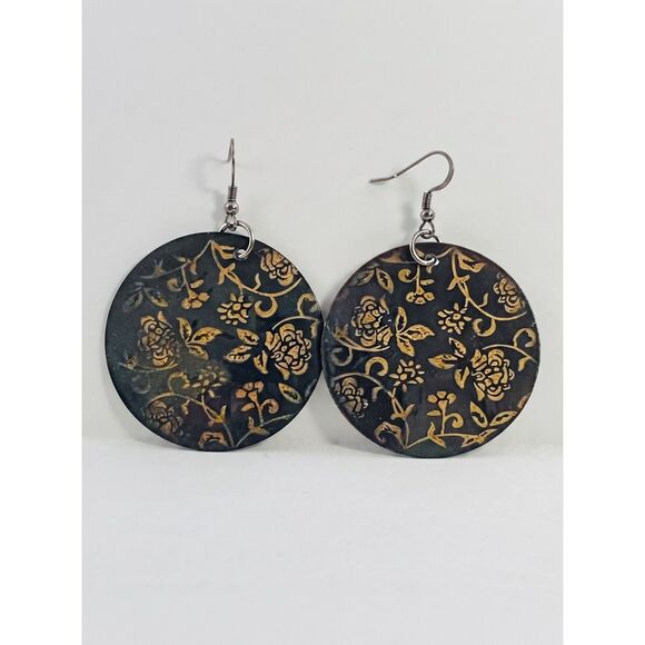 Unbranded Jewelry - Retro Black & Gold Floral Disc Dangle Earrings Lightweight Metal Statement